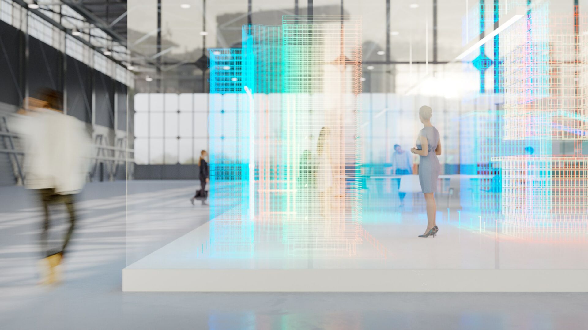people moving through a seamless high-tech environment